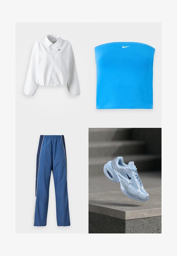 Valkoinen lyhyt takki, jossa on kaulus, joustava vyötärö ja pitkät puffi hihat. Vasemmassa rinnassa on musta Nike-logo. Tasainen kangas rakenne.; Kirkkaan sininen Nike olkaimeton putkitoppi, jossa valkoinen Swoosh-logo sijoitettuna keskitetysti lähelle yläreunaa.; Siniset urheiluhousut, joissa kevyt ja sileä materiaali. Venyvä vyötärönauha, kontrastivärinen tummansininen sivupaneeli sekä valkoiset korosteraidat.; Vaaleansininen urheilukenkä, jossa on verkkokankaiset paneelit, pyöristetty siluetti, kuvioidut yksityiskohdat ja musta logo. Kengässä näkyvä ilmatyyny pohjassa.