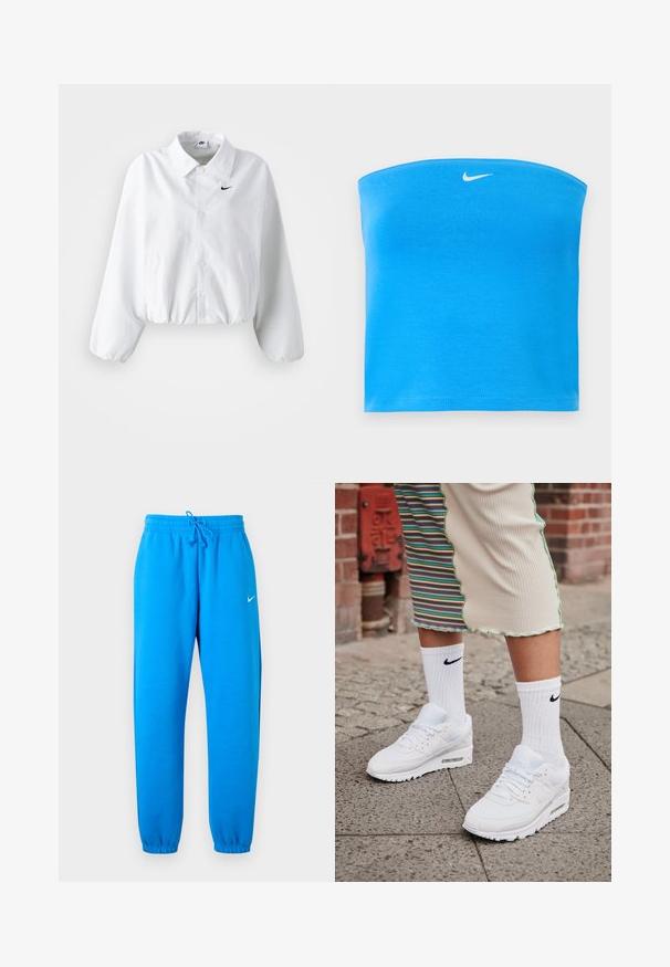 Hvid cropped jakke med krave, elastisk talje og lange puffærmer. Har et sort Nike-logo på venstre bryst. Glat stoftekstur.; Lyseblå Nike tube top uden stropper med hvid Swoosh-logo centreret nær den øverste kant.; Lyseblå Nike sweatpants med elastisk talje, justerbar snor, elastiske manchetter og lille hvid Nike-logo på højre lår.; Hvide Nike Air Max 90 sneakers med mesh og læderoverdel, der har en synlig luftenhed, parret med hvide ribbede sokker med sort logo.