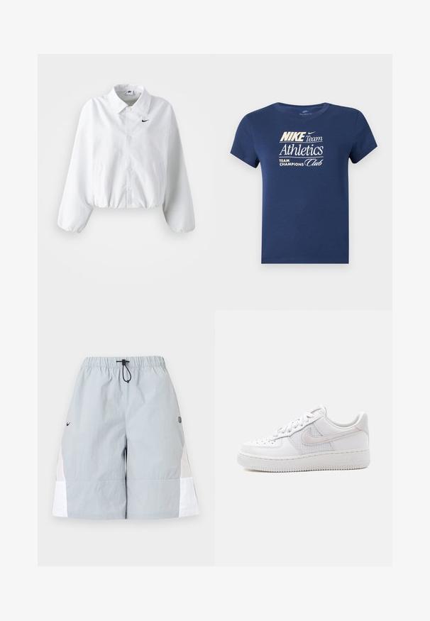 Hvid cropped jakke med krave, elastisk talje og lange puffærmer. Har et sort Nike-logo på venstre bryst. Glat stoftekstur.; Mørkeblå T-shirt med korte ærmer med hvid tekst "NIKE Team Athletics Team Champions Club" på fronten.; Lysegrå atletikshorts med hvide sidepaneler, elastisk linning og sort snor, vist på en ensfarvet baggrund.; Hvid Nike Air Force 1 sneaker med lavt snit, hvide snørebånd, perforeringer på tåboksen og netpanel bag Nike swoosh-logoet.