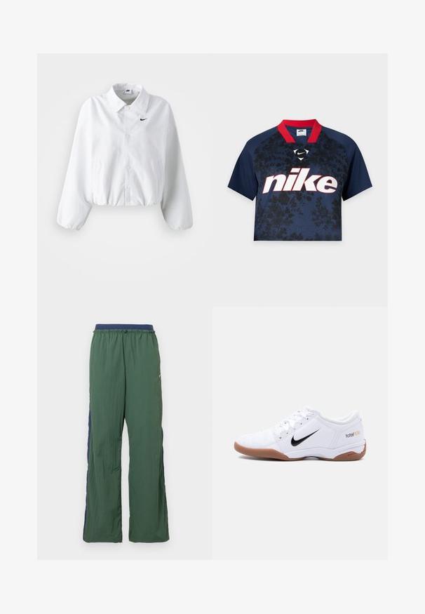 Hvid cropped jakke med krave, elastisk talje og lange puffærmer. Har et sort Nike-logo på venstre bryst. Glat stoftekstur.; Marineblå kortærmet crop top med sort blomstermønster, rød krave og stort hvidt Nike-logo med rød outline foran.; Grønne atletikbukser med bred benstil, der har en marineblå linning og sidelæg, lavet af let, tekstureret stof.; Hvid Nike Total 90 III indendørs fodboldstøvle med sort swoosh-logo og gummisål, vist fra siden på en ensfarvet baggrund.