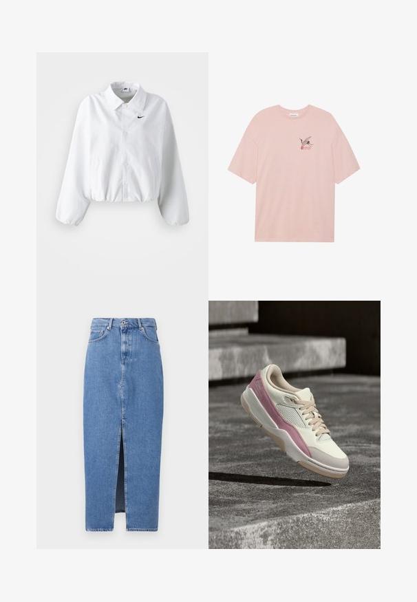 Hvid cropped jakke med krave, elastisk talje og lange puffærmer. Har et sort Nike-logo på venstre bryst. Glat stoftekstur.; Lyserød bomulds t-shirt med et sort grane-grafik med røde detaljer og ordet "SAKURA." Afslappet pasform og rund halsudskæring.; Lyseblå denim midi-nederdel med en frontslids, klassisk fem-lomme design og lukning med topknap. Stoffet har en let struktur.; Hvid og lyserød lavtop-sneaker med beige snørebånd, mellemsåler og mesh-paneler, svævende over en grå betongoverflade.