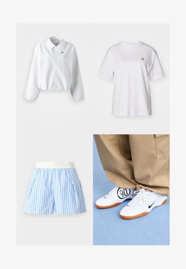 Valge lühendatud jakk, millel on krae, elastne vöökoht ja pikad puhvvarrukad. Vasakul rinnal on must Nike'i logo. Siledat kangast tekstuur.; Valge puuvillane T-särk, millel on lõdva lõikega, lühikesed varrukad ja väike broderi logo vasakul rinnakarpi.; Heledad sinine ja valge vertikaalsete triipudega püksid, millel on lai valge elastne vöökoht, mõeldud igapäevaseks kandmiseks.; Valged sportlikud kingad, millel on tikandiga muster, must Nike'i tõukeratas ja silmapaistev must "90" graafika küljel, kombineerituna khaki pükstega.