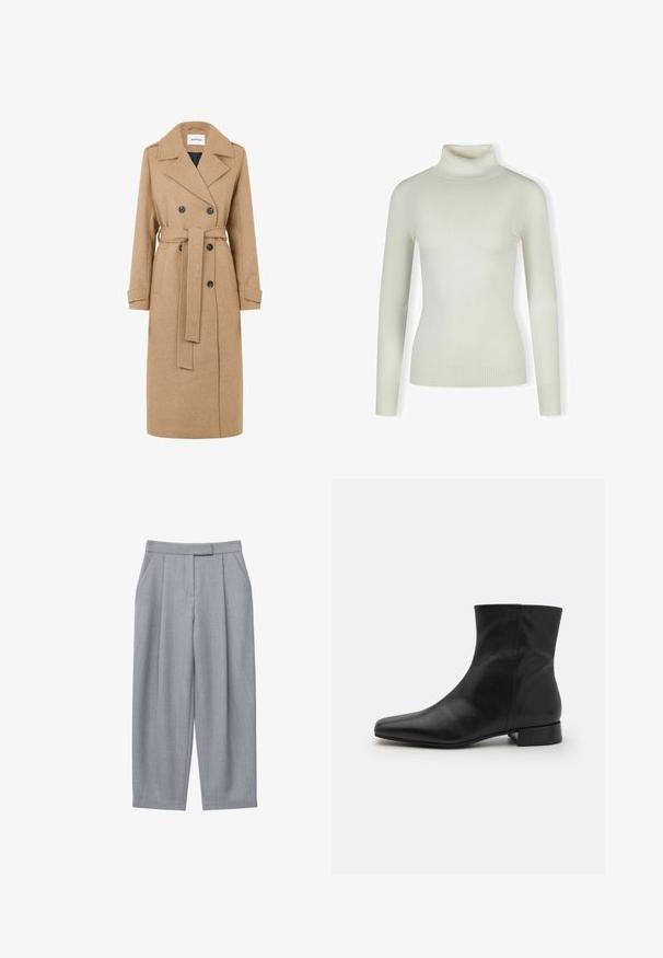 Manteau en laine couleur camel à double boutonnage, avec de grands revers et une ceinture à nouer. Présente deux poches avant et des boutons foncés.; Pull col roulé crème clair en matériau doux et côtelé ; design ajusté avec des manches longues et un ourlet texturé. Pas de motifs ni d'accents.; Pantalon gris avec un design sur mesure, comprenant des plis, des poches latérales et une coupe droite. Texture lisse et taille mi-haute.; Botte cheville en cuir noir avec un bout pointu, texture lisse, design minimaliste et un petit talon carré. La fermeture éclair sur le côté monte jusqu'à la cheville.