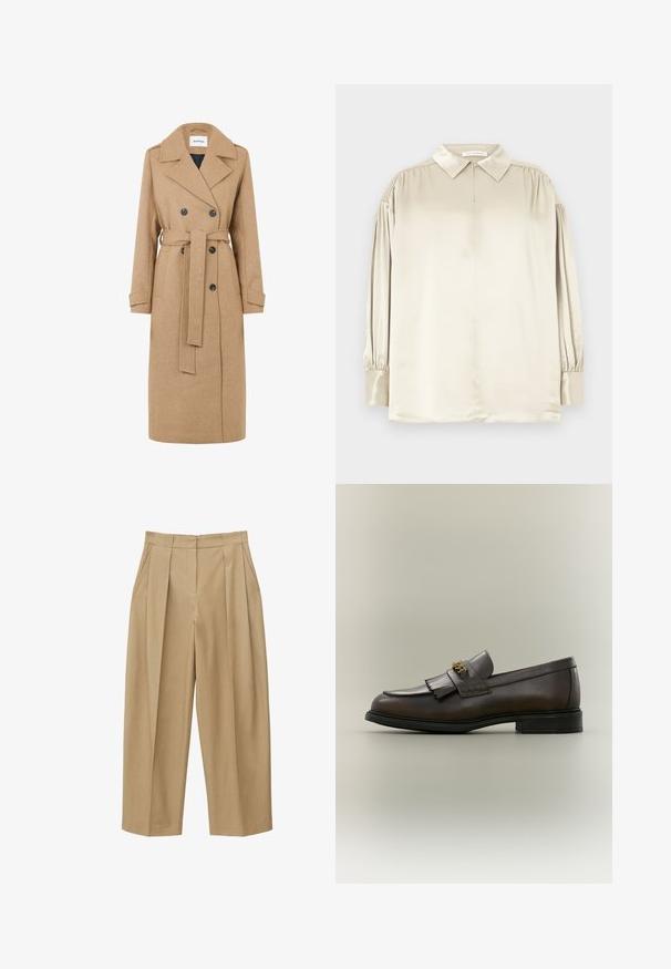 Manteau en laine couleur camel à double boutonnage, avec de grands revers et une ceinture à nouer. Présente deux poches avant et des boutons foncés.; Blouse en satin beige à manches longues avec col pointu, poignets boutonnés et légers fronces aux épaules, étalée à plat.; Pantalon beige taille haute à jambes larges avec plis sur le devant, poches latérales et ceinture ajustée avec passants pour ceinture.; Mocassin en cuir marron foncé avec détail à franges et boucle dorée sur semelle noire, vu de côté sur un fond neutre.
