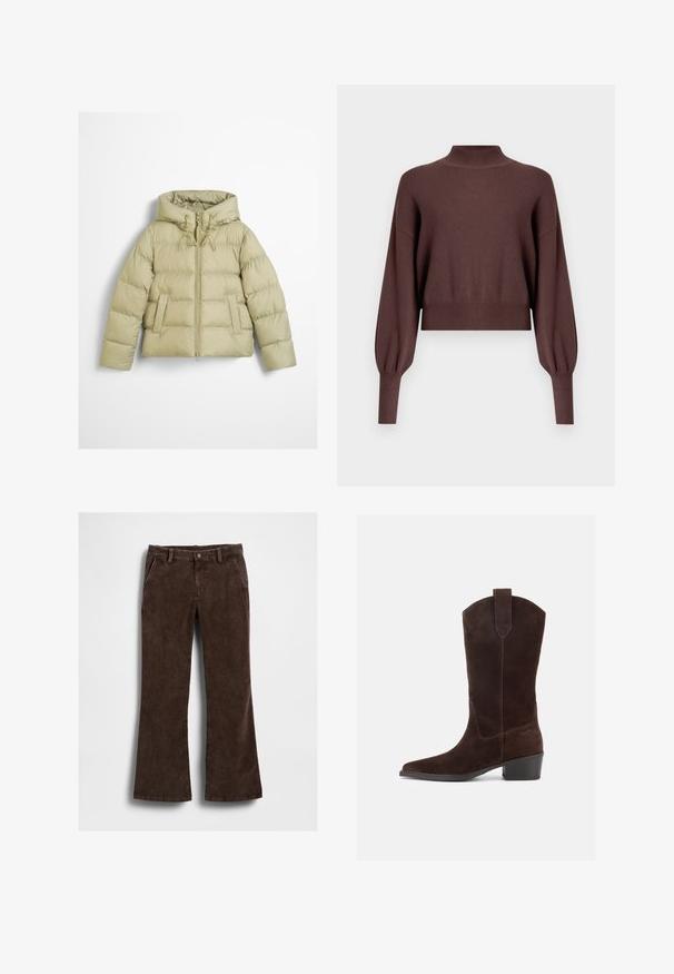 Veste matelassée vert clair avec capuche, fermeture éclair à l'avant, cordons et deux poches avant, présentée sur un fond uni.; Pull tricoté marron court avec un col montant, des épaules tombantes et de longues manches légèrement bouffantes. Texture lisse et ourlet côtelé.; Pantalon évasé en velours côtelé marron à la texture lisse, avec poches avant et une fermeture à un bouton à la taille.; Botte style western mi-mollet en daim marron foncé avec bout pointu, talon bloc et languette, sur fond blanc.