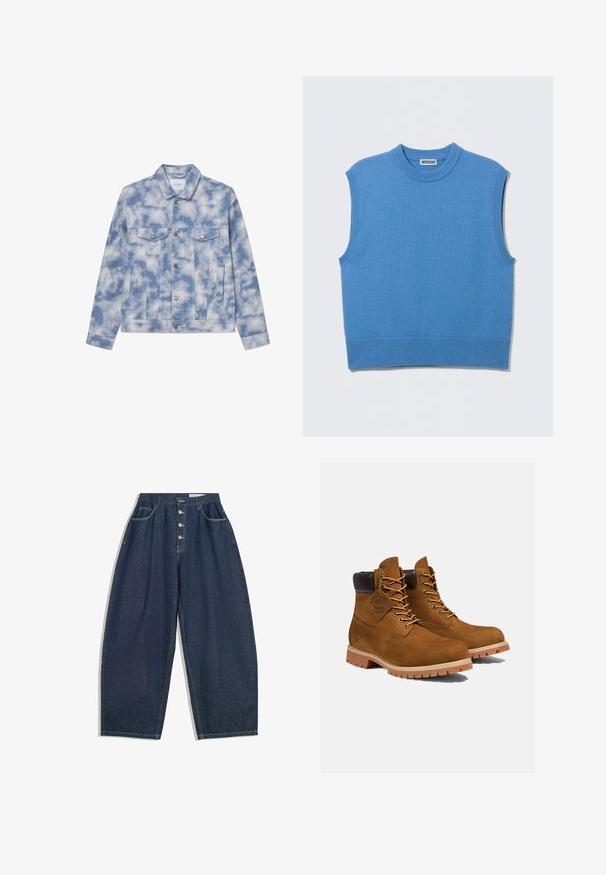 Lysblå cowboyjakke med skymønstre, der har spidse kraver, to brystlommer og hardware i sølvfarve til lukning og detaljer.; Ærmeløs blå strikket sweatervest med rund hals og ribbekanter, lagt fladt på en lys grå baggrund.; Mørkeblå denim bukser med brede ben og høj talje, fem knaplukninger og fem lommer. Har stikninger som accent på sømmene.; Brune ruskinds ankelstøvler med en polstret sort krave, gyldne snørehuller og en tyk gummisål med en mønster, der giver godt greb.