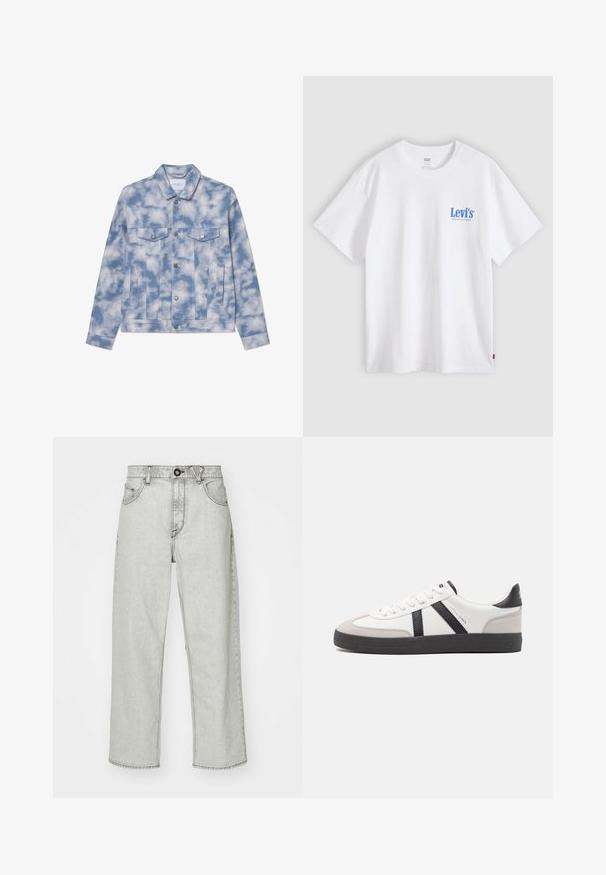Chaqueta de denim en azul claro con patrones de nubes, que presenta un collar tipo punta, dos bolsillos en el pecho y herrajes en tono plateado para el cierre y los acentos.; Camiseta blanca de manga corta de Levi's con texto del logo azul en el pecho izquierdo y una pequeña etiqueta roja en la costura lateral sobre un fondo gris claro.; Jeans de tiro alto en gris claro con un ajuste relajado, cinco bolsillos, cierre frontal con botón y un sutil patrón texturizado en la tela de mezclilla.; Zapatilla blanca con acentos en negro y gris, que presenta una puntera texturizada en gris, suela de goma negra y cordones planos blancos. Diseño limpio, estilo minimalista.