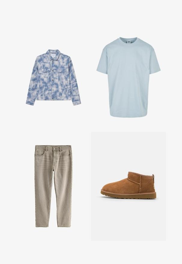 Jeansjacke in Hellblau mit Wolkenmustern, ausgestattet mit einem spitzen Kragen, zwei Brusttaschen und silberfarbigen Beschlägen für Verschluss und Akzente.; Hellblaues T-Shirt mit kurzen Ärmeln aus weicher Baumwolle. Hat einen runden Halsausschnitt und eine lockere Passform ohne sichtbare Muster oder Verzierungen.; Beige Cord-Hose mit geradem Bein, vorne mit Knopf- und Reißverschluss, Gürtelschlaufen und Fünf-Taschen-Design, gekennzeichnet als Regular Taper Fit.; Hellbraune Wildleder-Stiefelette mit runder Zehenform, dezenten Nähdetails und einer strukturierten Gummisohle. Kurze Höhe ohne Schnürsenkel.