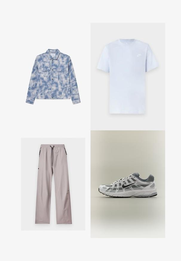 Lysblå cowboyjakke med skymønstre, der har spidse kraver, to brystlommer og hardware i sølvfarve til lukning og detaljer.; Lyseblå bomulds t-shirt med korte ærmer, rund hals og et hvidt Nike-logo trykt på venstre bryst. Glat tekstur, simpelt design.; Lysegrå løstsiddende bukser med elastisk talje, sort justerbar snor og sidelommer med sorte lynlåse.; Hvid og grå Nike P-6000 sneaker med sort swoosh, meshpaneler og tekstureret sål, vist i sideprofil på neutral baggrund.