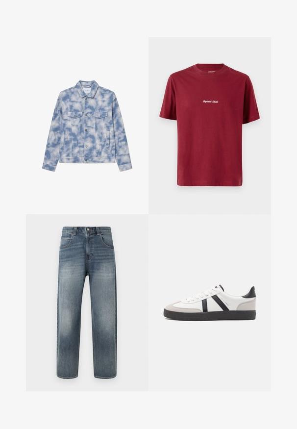 Chaqueta de denim en azul claro con patrones de nubes, que presenta un collar tipo punta, dos bolsillos en el pecho y herrajes en tono plateado para el cierre y los acentos.; Camiseta de algodón burdeos con mangas cortas y cuello redondo. Presenta un texto bordado en blanco que dice "Originals Studio" en el frontal.; Vaqueros de mezclilla azul claro con corte recto, que cuentan con cinco bolsillos, cierre de cremallera y un sutil desgaste en las piernas. Con detalles de costuras como acabado.; Zapatilla blanca con acentos en negro y gris, que presenta una puntera texturizada en gris, suela de goma negra y cordones planos blancos. Diseño limpio, estilo minimalista.