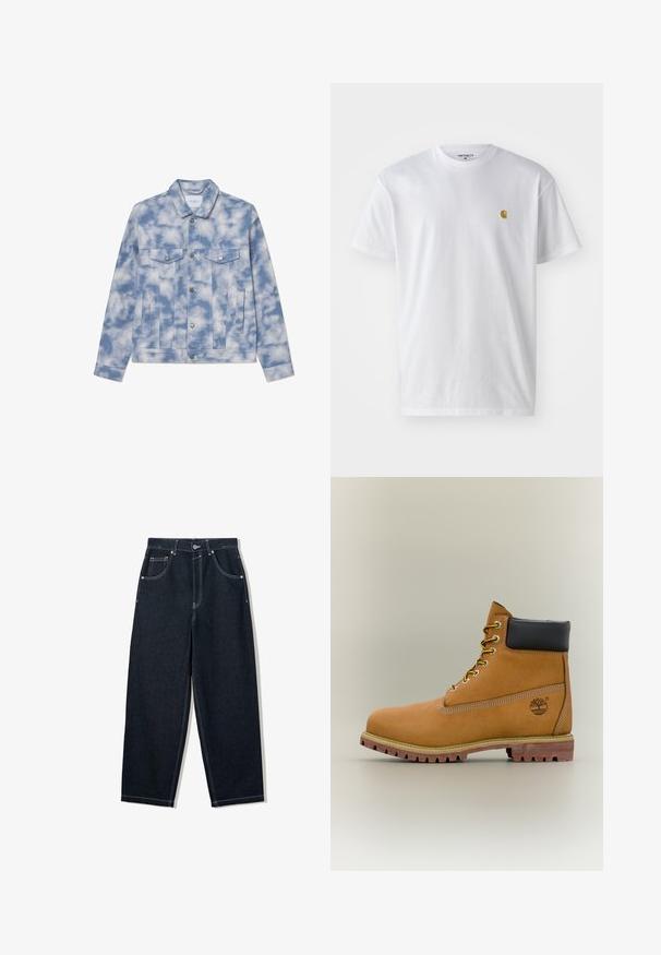 Leren jasje in lichtblauw met wolkenpatronen, met een puntige kraag, twee borstzakken en hardware in zilverkleur voor sluiting en accenten.; Witte katoenen t-shirt met korte mouwen en ronde hals, voorzien van een klein gouden logo op de linkerkant van de borst. Zachte textuur en een normale pasvorm.; Donkerindigo jeans met rechte pijpen, witte contrasterende stiksels, ontwerp met vijf zakken en metalen knoopsluiting in de taille.; Bruine leren enkellaars met zwarte kraag, gele veters en een zandkleurige zool. Voorzien van een logo en witte stikseldetails. Robuuste loopzool met grip.