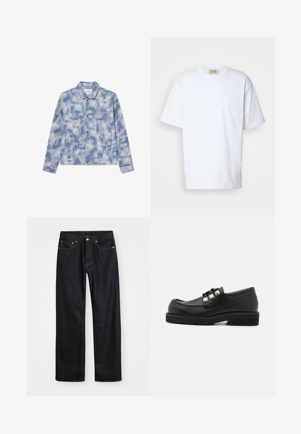 Chaqueta de denim en azul claro con patrones de nubes, que presenta un collar tipo punta, dos bolsillos en el pecho y herrajes en tono plateado para el cierre y los acentos.; Camiseta blanca de manga corta hecha de algodón. Incluye un bolsillo en el pecho y un sutil detalle de costura en el bolsillo. Cuello redondo.; Jeans de mezclilla negros de pierna recta para hombre, con cinco bolsillos y costuras en color naranja, cierre de botón y cremallera en la parte delantera de la cintura.; Mocasines de cuero negro con punta redonda, que presentan tres acentos metálicos y una suela texturizada para mayor agarre. Parte superior lisa y detalle de costura.