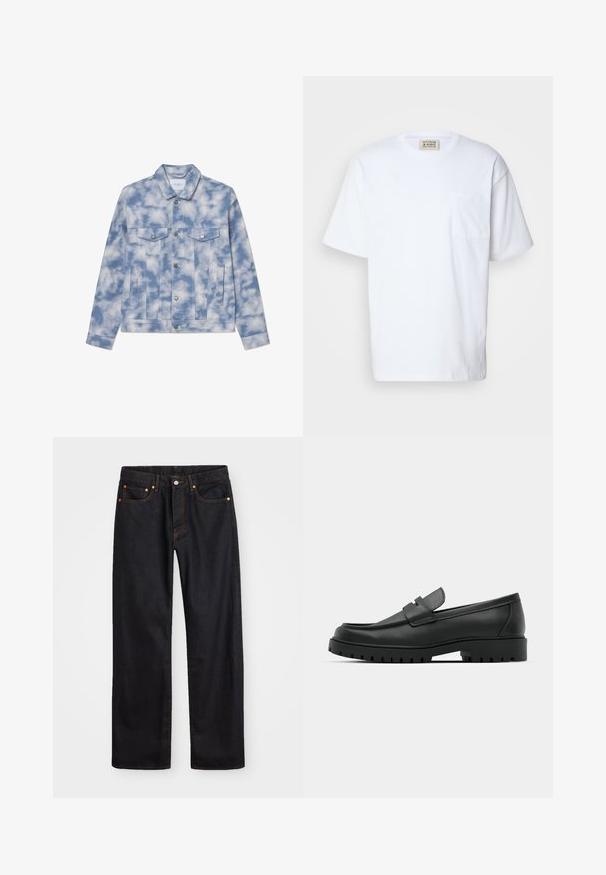 Jeansjacke in Hellblau mit Wolkenmustern, ausgestattet mit einem spitzen Kragen, zwei Brusttaschen und silberfarbigen Beschlägen für Verschluss und Akzente.; Weißes Kurzarm-T-Shirt aus Baumwolle. Mit einer Brusttasche und feinen Nähten an der Tasche. Rundhalsausschnitt.; Herren gerade geschnittene schwarze Jeans aus Denim mit fünf Taschen und orangefarbenen Nähten, Knopf- und Reißverschluss vorne am Bund.; Schwarze Lederloafer mit runder Zehenform, ausgestattet mit einem gesteppten Design, niedrigem Plattformsohle und einer strukturierten, genoppten Gummisohle.