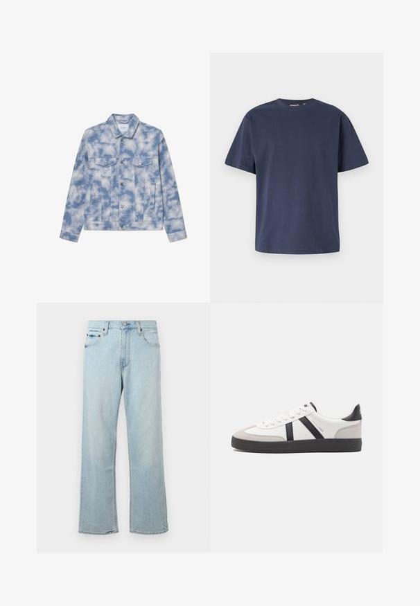 Lysblå cowboyjakke med skymønstre, der har spidse kraver, to brystlommer og hardware i sølvfarve til lukning og detaljer.; Mørkeblå bomulds T-shirt med rund halsudskæring og korte ærmer. Glat tekstur, lige snit og minimale sømme, hvilket giver et klassisk design.; Lyseblå denimjeans med en løs, bred bendesign. Har fem lommer, bæltestropper og en lynlås med knaplukning.; Hvide sneakers med sorte og grå detaljer, med en tekstureret grå tåhætte, sort gummisål og flade hvide snørebånd. Rent design, minimalistisk stil.