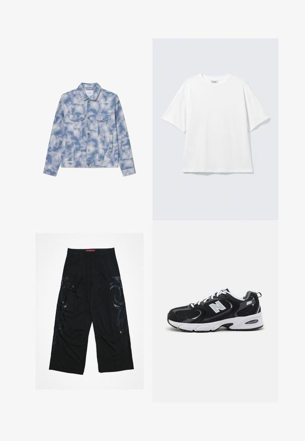 Lysblå cowboyjakke med skymønstre, der har spidse kraver, to brystlommer og hardware i sølvfarve til lukning og detaljer.; Hvid oversized t-shirt med korte ærmer og rund halsudskæring med sænkede skuldre, fladt lagt på lys grå baggrund.; Sorte viddebukser med plisseret front, der har blanke sorte tribalmønstre på siderne og en rød mærketalje.; Sorte og grå sportssko med mesh og ruskind på overdelen, der har en hvid mellemsål, snørebånd og et iøjnefaldende "N" logo på siden.
