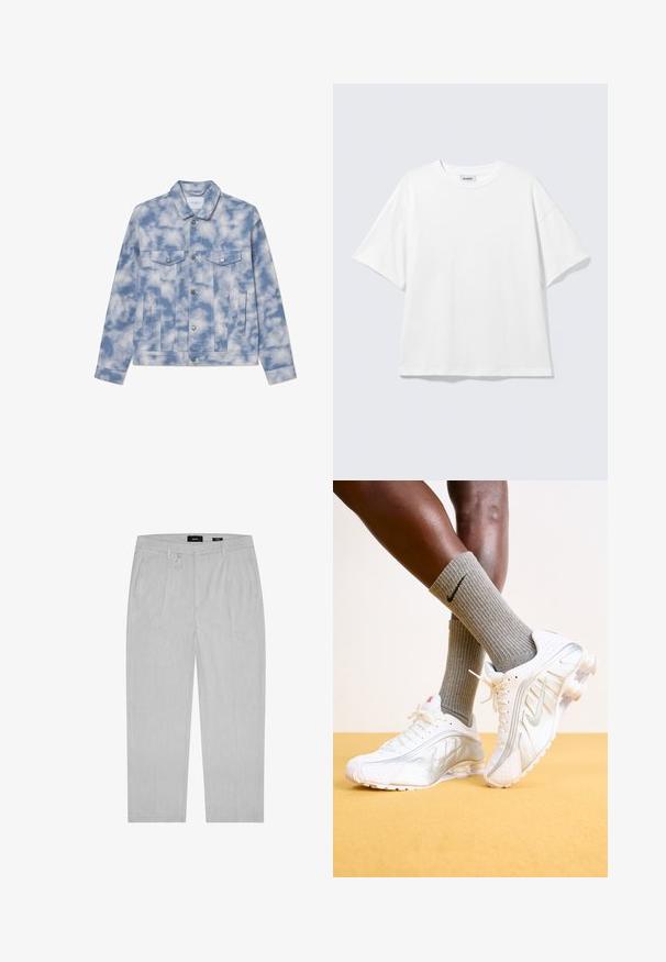 Veste en denim bleu clair avec des motifs nuage, dotée d'un col pointu, de deux poches poitrine et de quincaillerie en ton argent pour la fermeture et les accents.; T-shirt blanc oversize à manches courtes, col rond, épaules tombantes, posé à plat sur fond gris clair.; Pantalon gris clair avec une texture subtile, présentant des plis à l'avant, des poches latérales et des passants de ceinture. Design à jambes droites, style minimaliste.; Baskets Nike blanches avec des accents argentés, présentant des panneaux texturés et des perforations. Assorties à des chaussettes grises à côtes, sur un fond jaune.