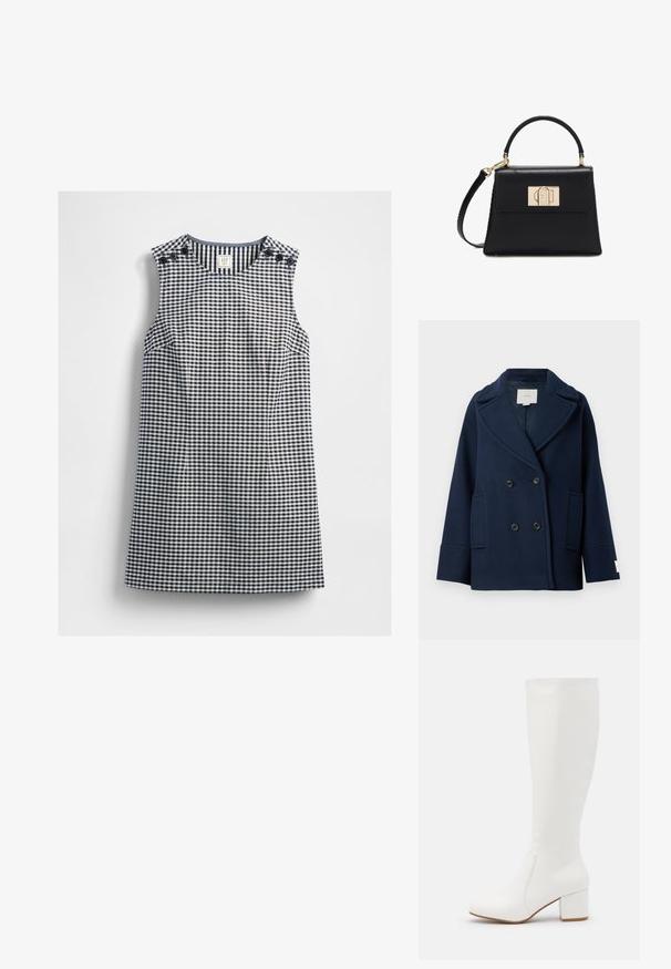 Manteau croisé bleu marine en mélange de laine, doté d'un revers à pointe, de grandes poches frontales et de boutons noirs. Texture lisse avec des accents minimaux.; Robe sans manches à carreaux vichy bleu marine et blanc avec un col rond et des détails de boutons sur les deux épaules, posée à plat sur un fond blanc.; Bottes blanches jusqu'au genou avec une finition lisse et brillante. Talon carré et détails de couture subtils sur le côté.; Sac à main en cuir noir avec une poignée supérieure, une bandoulière amovible et un fermoir rectangulaire doré sur le rabat avant.