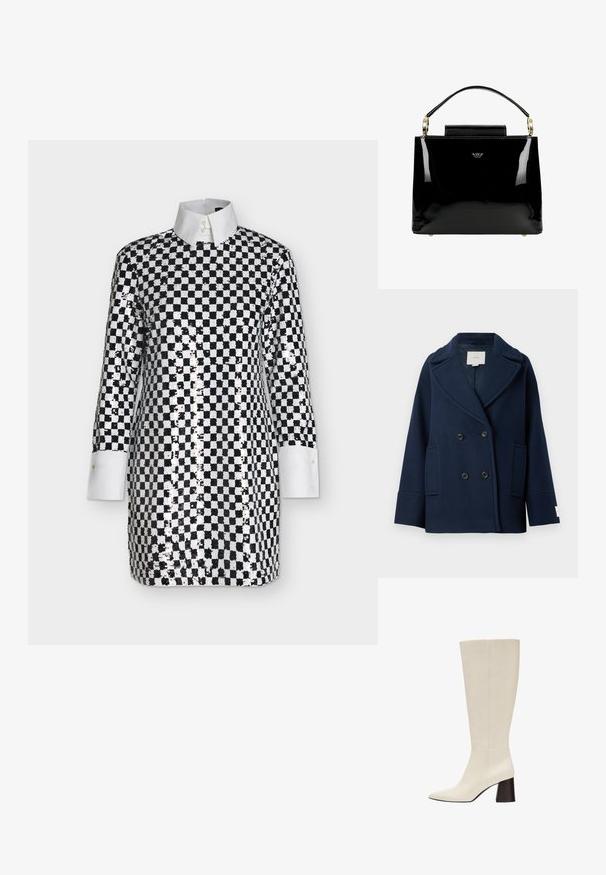 Manteau croisé bleu marine en mélange de laine, doté d'un revers à pointe, de grandes poches frontales et de boutons noirs. Texture lisse avec des accents minimaux.; Robe à manches longues à carreaux noirs et blancs avec des sequins brillants, col pointu blanc et poignets blancs.; Botte en cuir couleur crème montant jusqu’au genou avec bout pointu et talon bloc foncé sur fond blanc.; Sac à main en cuir verni noir avec un design structuré, comportant une poignée supérieure, des accents en métal doré et un petit rabat à l'avant.