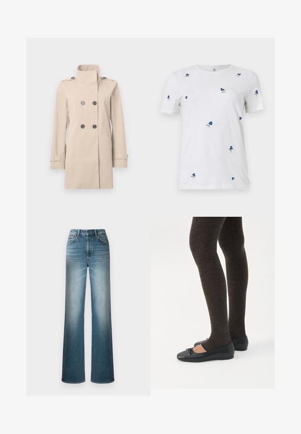 Beige dubbelgeknoopte trenchcoat met hoge kraag, geruite schouderbanden, zijzakken en verstelbare mouwboorden.; Wit T-shirt met korte mouwen met kleine, verspreide blauwe bloemembroiderie en groene stelen, ronde hals, effen achtergrond.; Lichtblauwe wijde jeans van denim. Heeft een hoge taille, vijf-pocket ontwerp en een vervagingseffect van boven naar beneden.; Benen met donkere geribbelde leggings gecombineerd met zwarte ballerina's met kleine strikdetails op een witte achtergrond.