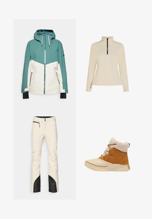 Chaqueta de esquí en tonos verde azulado y crema con cierre de cremallera al frente, capucha ajustable, bolsillos con cremallera y puños elásticos. Textura suave, tela duradera.; Jersey de forro polar beige con un alto cuello, cierre frontal de media cremallera y cremallera negra con marca. Presenta el logotipo de "Polartec" en la manga. Textura suave.; Pantalones de esquí para hombre en color crema con un acento negro en el dobladillo. Cuenta con un bolsillo con cremallera, cierre de botón y perneras ajustadas. Material suave y resistente al agua.; Sorel SPORTLICHE - Botas para la nieve - canyon gold honey white