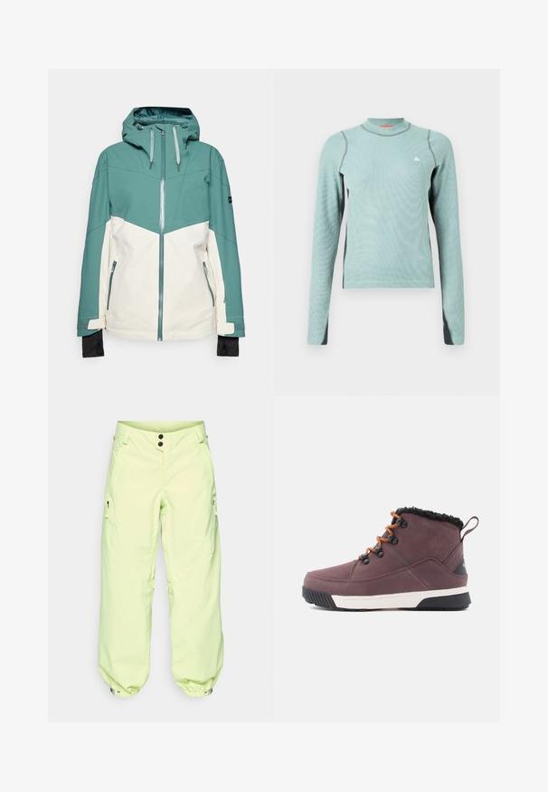 Chaqueta de esquí en tonos verde azulado y crema con cierre de cremallera al frente, capucha ajustable, bolsillos con cremallera y puños elásticos. Textura suave, tela duradera.; Camisa de manga larga verde claro con un cuello alto, que presenta acentos grises y una tela texturizada. Pequeño logo en el pecho.; Pantalones de nieve verde claro con un ajuste relajado, que cuentan con dos bolsillos laterales con cremallera, puños ajustables y un cierre de dos botones en la cintura.; Botas tobilleras impermeables marrones con acabado texturizado, suela de goma negra, detalles de cordones naranjas y forro de piel sintética en el cuello.