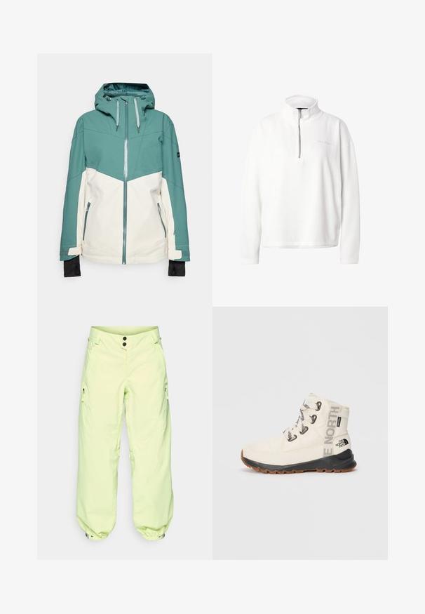 Veste de ski teal et crème avec fermeture éclair à l'avant, capuche ajustable, poches zippées et poignets élastiques. Texture lisse, tissu durable.; Pull-over blanc à manches longues avec texture côtelée, col montant et fermeture avant par demi-fermeture éclair, avec un texte brodé discret sur la poitrine.; Pantalons de neige vert clair avec une coupe décontractée, dotés de deux poches zippées sur les côtés, de poignets ajustables et d'une fermeture à deux boutons à la taille.; Botte isolée blanche avec semelle en caoutchouc noir, lacets blancs et marquage "The North Face". Présente un col rembourré et un tissu texturé.