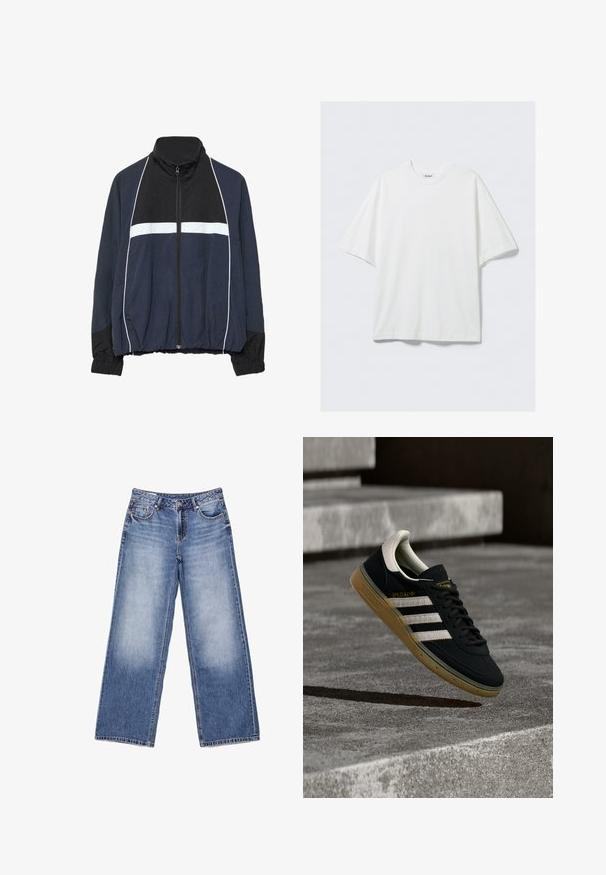 Veste de survêtement zippée bleu marine et noire avec des rayures blanches horizontales et verticales, poignets et taille élastiques.; T-shirt blanc surdimensionné en coton à manches courtes avec col rond et une petite étiquette de marque à l'intérieur du col.; Jean bleu clair taille haute à jambe droite avec poches avant et arrière, fermeture par bouton, et détails décolorés sur les cuisses.; Baskets en daim noir avec des rayures blanches et un logo doré, dotées d'une semelle en caoutchouc gomme texturée et d'un languette de talon crème contrastante.