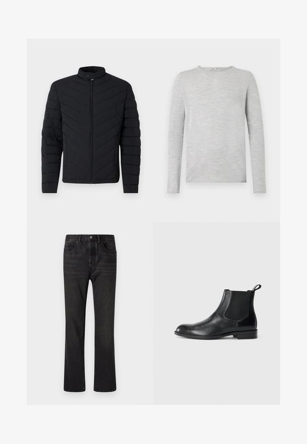 Chaqueta acolchada negra con cuello alto, patrón de rombos acolchado, cierre de cremallera completo y puños acanalados. Diseño ligero y elegante.; Camisa de manga larga gris hecha de un tejido suave y texturizado, con cuello redondo y corte recto, sin patrones o acentos visibles.; Vaqueros de denim negro con un diseño de pierna recta, cinco bolsillos y cierre frontal de botón. Superficie texturizada con detalles de desvanecimiento sutil.; Botín negro de cuero hasta el tobillo con paneles elásticos a los lados, punta redondeada y lengüeta. Textura suave, suela plana, diseño minimalista.