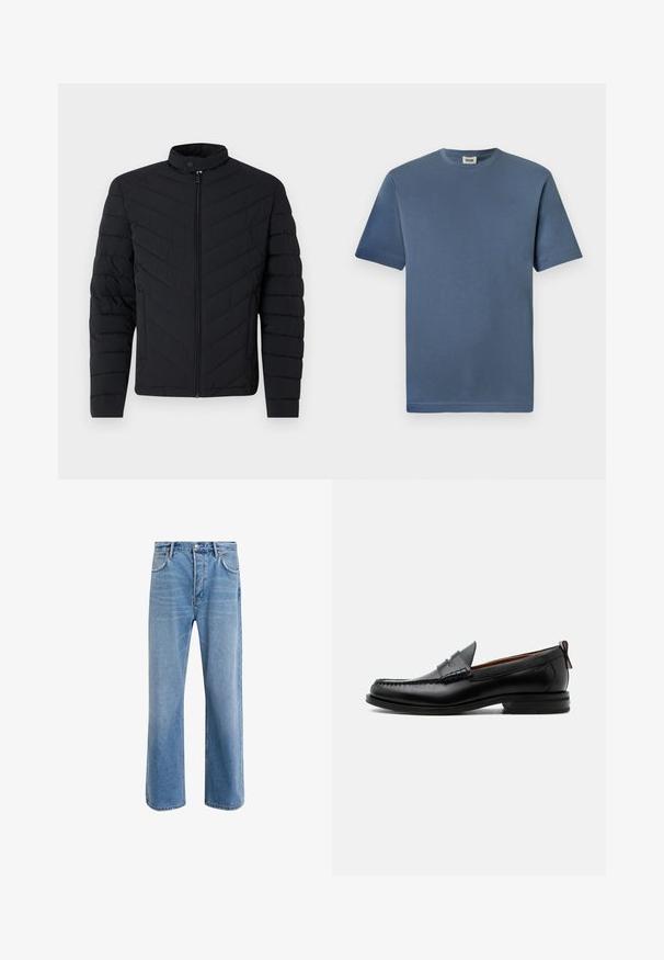 Veste en duvet noire avec un col haut, motif en chevrons matelassé, fermeture à glissière intégrale et poignets côtelés. Design léger et élégant.; T-shirt en coton bleu avec un col rond et des manches courtes. Présente une texture lisse et un ourlet droit. Pas de motifs ou graphiques visibles.; Jeans en denim bleu clair avec une coupe droite, cinq poches, fermeture à bouton, peu d'usure et des détails de couture contrastés.; Mocassin homme en cuir noir avec couture moc toe, bride penny, col texturé et petit talon empilé sur fond blanc.