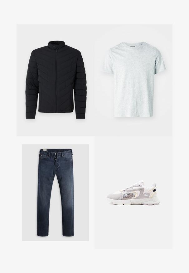 Chaqueta acolchada negra con cuello alto, patrón de rombos acolchado, cierre de cremallera completo y puños acanalados. Diseño ligero y elegante.; Camiseta de manga corta gris claro, confeccionada en una tela suave, con cuello redondo y un corte ligeramente relajado. Sin patrones ni gráficos visibles.; Jeans de mezclilla azul oscuro con corte recto, que cuentan con cremallera, botones metálicos y acentos de remaches de cobre. Textura suave, sin patrones visibles.; Zapatilla Lacoste en blanco y gris claro con paneles de malla, detalles en ante, suela gruesa y coordenadas impresas en el lateral.