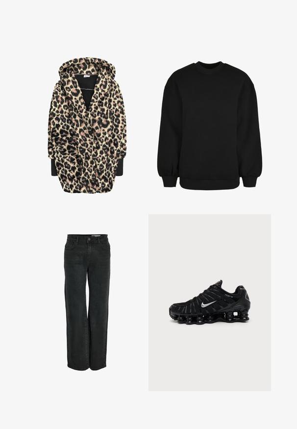Peignoir à capuche imprimé léopard en tissu doux et texturé avec des nuances de noir, beige et rose. Comprend des manches longues et des poches avant.; Sweatshirt noir avec un col ras du cou, des manches longues à poignets élastiques et un ourlet côtelé. Fabriqué en tissu doux et texturé.; Jean large noir en denim, présentant un design classique à cinq poches et une fermeture éclair avec bouton. Texture lisse.; Chaussure de sport Nike noire avec logo Swoosh argenté, tige en mesh et synthétique, et semelle coussinée segmentée distinctive.