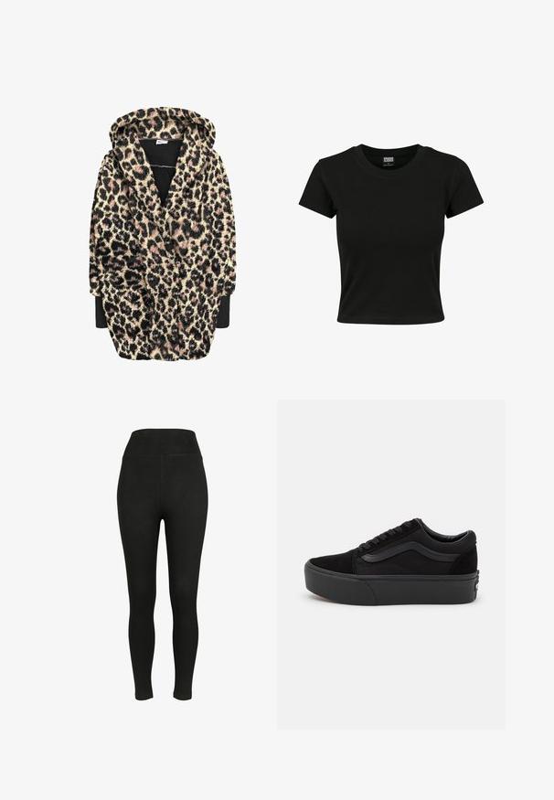 Peignoir à capuche imprimé léopard en tissu doux et texturé avec des nuances de noir, beige et rose. Comprend des manches longues et des poches avant.; T-shirt noir à manches courtes en coton lisse, avec un col rond et une coupe ajustée. Aucun motif ou accent visible.; Leggings noirs avec une taille haute, fabriqués en tissu extensible pour un ajustement près du corps, avec une texture lisse et sans coutures visibles.; Baskets noires en daim et toile, avec un bout rond, un design à lacets plats et une semelle épaisse en caoutchouc avec une subtile branding.