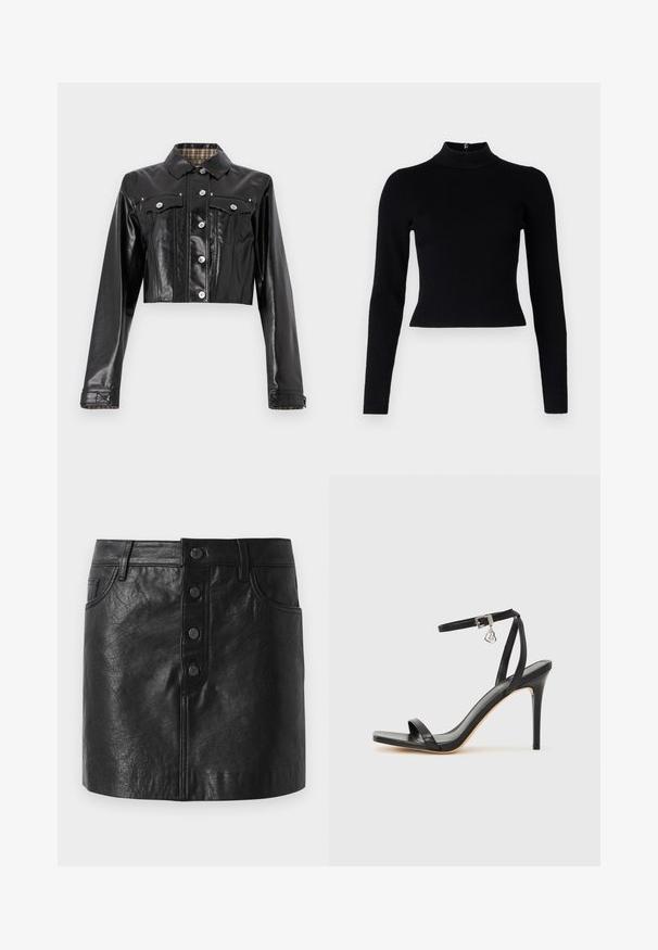 Rabanne Cowboyjakker - black; Sort ribbet turtleneck sweater med lange ærmer og en tætsiddende silhuet, der har en glat overflade og en lynlåsdetalje på ryggen.; Sort lædernederdel med høj talje, knaplukning foran, to sidelommer og en let A-formet silhuet. Tekstureret finish.; Sort hæl-sandal med smal ankrem, firkantet tå-boks, glat lædermateriale og metalspænde som pynt.