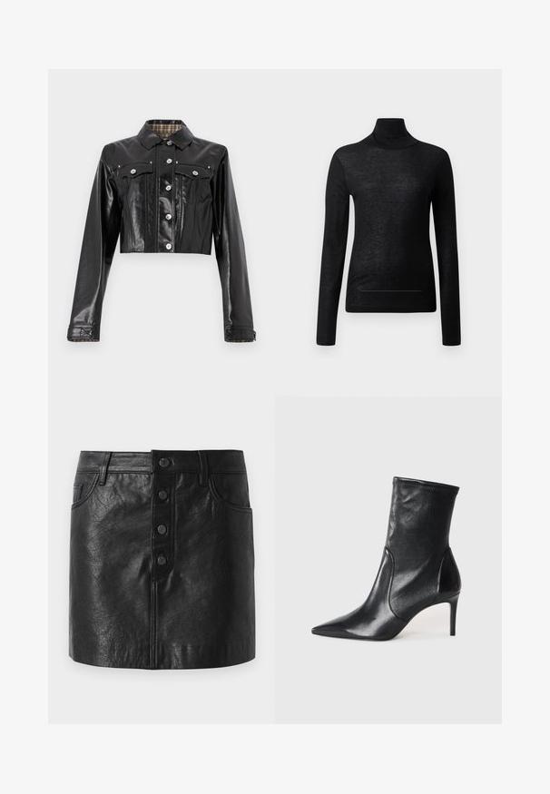 Rabanne Denimová bunda - black; Čierny dlhý rukáv turtleneck top vyrobený z ľahkej tkaniny, s priliehavým strihom a minimálnymi švom, vhodný na vrstvenie.; Čierna kožená sukňa s vysokým pásom, predným zapínaním na gombík, dvoma bočnými vreckami a mierne áčkovým strihom. S textúrovaným povrchom.; Čierne kotníkové topánky vyrobené z hladkej kože, s špicatou špičkou, priliehavým zvrškom aúzkym vysokým podpätkom. Minimalistický dizajn bez viditeľného kovania.