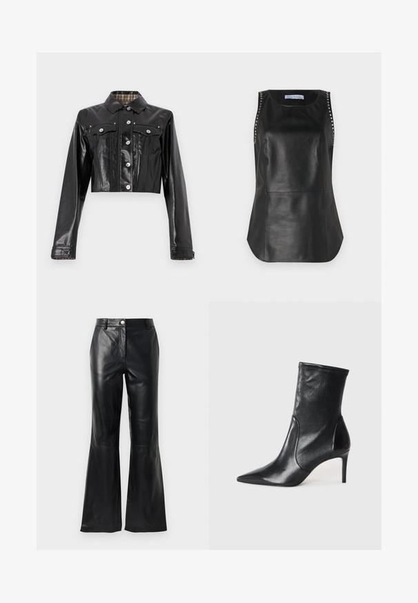 Rabanne Spijkerjas - black; Zwarte leren mouwloze top met een gladde textuur, voorzien van metalen studs langs de schouders en een afgeronde zoom.; Zwarte nep leren broeken met een hoge taille, knoopsluiting, riemlussen en uitlopende pijpen op een witte achtergrond.; Zwarte enkelboots van soepel leer, met een spitse neus, een aangesloten schacht en een slanke hoge hak. Minimalistisch ontwerp zonder zichtbare hardware.