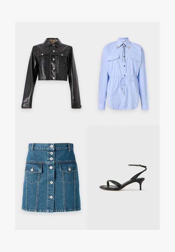 Rabanne Cowboyjakker - black; Rabanne Skjortebluser - tartan/blue/yellow; Denim nederdel i medium blå med knaplukning foran, to sidelommer og en figursyet talje. Har kontrastsyninger og sølvfarvede knapper.; Sort damesandal i læder med tynde remme, en tå-loop, ankelspænde og en mellemhøj stiletthæl på en neutral baggrund.
