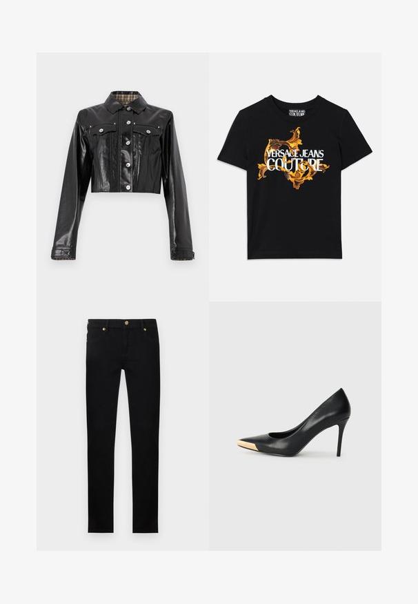 Rabanne Chaqueta vaquera - black; Camiseta de algodón negra con el texto blanco "VERSACE JEANS COUTURE" y un diseño dorado ornamentado que rodea el texto, mangas cortas y cuello redondo.; Jeans negros de corte ajustado con detalles de botones y remaches dorados, bolsillos delanteros y trabillas para cinturón sobre un fondo liso claro.; Zapato de tacón alto de cuero negro con puntera afilada; presenta un detalle metálico dorado en la tapa del tacón. Superficie lisa con un diseño elegante.