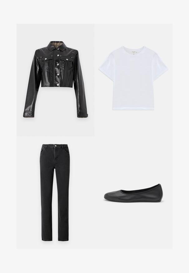 Rabanne Veste en jean - black; T-shirt blanc court en coton doux, avec un col rond et des manches courtes, d'ajustement légèrement décontracté. Pas de motifs ni d'accents.; Jeans en denim noir avec taille haute, coupe droite, cinq poches, et fermetures à bouton en métal.; Ballerines en cuir noir avec un bout rond, texture lisse, détails de couture minimalistes et design de semelle flexible.