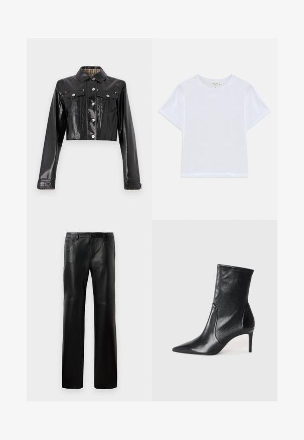 Rabanne Chaqueta vaquera - black; Camiseta blanca corta hecha de algodón suave, con un cuello redondo y mangas cortas, y un corte ligeramente holgado. Sin patrones ni acentos.; Pantalones de cuero negro con corte recto, que presentan una cintura con botón, cinco bolsillos y costuras visibles a lo largo de las costuras.; Botas negras hasta el tobillo hechas de cuero suave, con punta afilada, caña ajustada y tacón alto delgado. Diseño minimalista sin herrajes visibles.