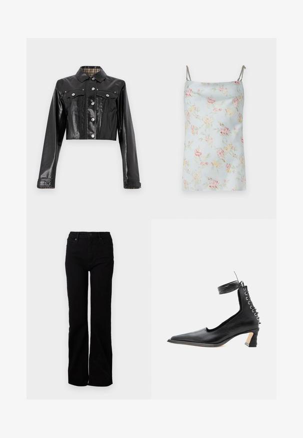 Rabanne Cowboyjakker - black; Rabanne Top - pink/blue/green/yellow; Sorte denim jeans med en straight leg-design, fem lommer, frontlukning med knap og subtil struktur. Ingen synlige mønstre eller accenter.; Sort lavhælet lædersko med spids tå, snøredetalje bagpå og ankelrem mod en ensartet hvid baggrund.