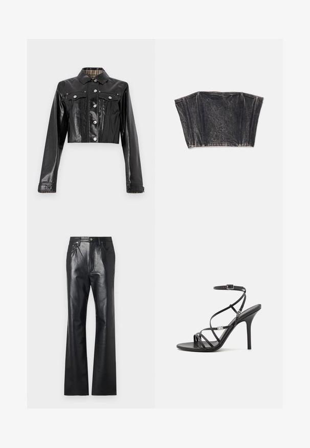 Rabanne Cowboyjakker - black; Sort denim bustier med struktureret design, der har lodrette sømme og en tætsiddende, cropped form. Tekstureret overflade med subtil fading.; Sorte læderbukser med en glat tekstur, design med udvidede ben, lynlås foran og bæltestropper. Har diskrete stikninger som accent.; Sort højhælet sandal med tynde stropper, en ankelspænde, en glat læderoverflade og en slank stilethæl.