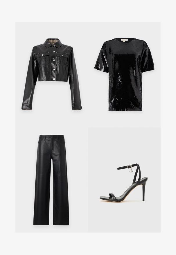 Rabanne Veste en jean - black; Haut noir à manches courtes recouvert de sequins, avec un col rond et une texture lisse et réfléchissante.; Pantalons en cuir noir à jambes larges avec une texture lisse, dotés de poches avant, d'une fermeture par bouton et de détails de couture subtils.; Sandale à talon haut noire avec une bride étroite à la cheville, bout carré, cuir lisse et accent de boucle métallique.
