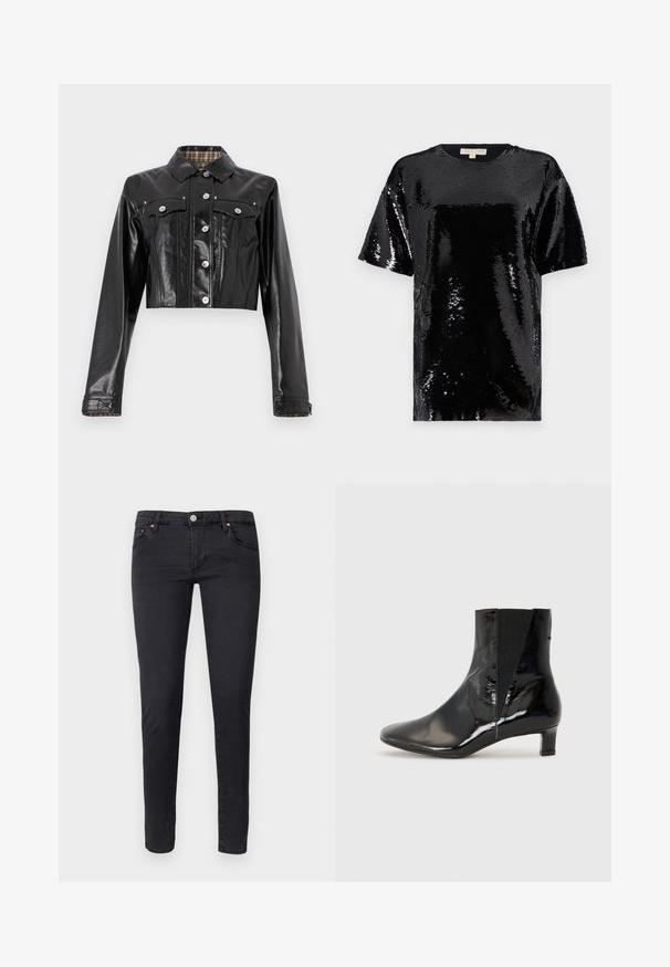 Rabanne Farkkutakki - black; Musta lyhythihainen paita, joka on peitetty paljeteilla, jossa on pyöreä pääntie ja yleisesti sileä, heijastava pinta.; AG Jeans Skinny-Farkut - anthracite black; Castañer ALEGRA - Klassiset nilkkurit - black