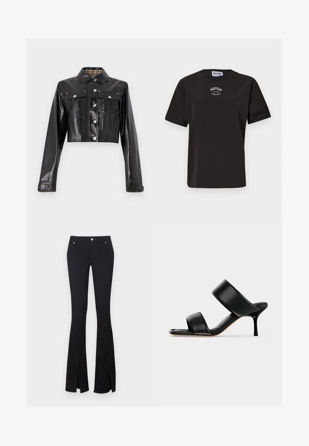 Rabanne Teksajakk - black; Must mustreest rikaste shirt, lühikeste varrukatega, ümmarguse kaelusega ja rinnal valge brodüüriga logo "Moschino Jeans".; Musta laienev teksariie, valmistatud pehmest denimist, millel on lõhikud pahkluude juures, kaks eesmist taskut ja metallist nupuga sulgur. Klassikaline disain puhta viimeg.; Mustast nahast mule-tüüpi sandaal kahe laia rihmaga ja õhukese keskmise kõrgusega kontsaga lihtsal heledal taustal.
