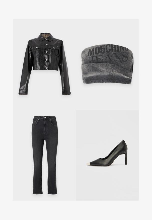Rabanne Teksajakk - black; Mustmustest mustband koos tekstuurne viimistlus ja trükitud "MO5CHING JEANS" paksus. Omab sujuvat kõverat disaini ja õmblustega ääri.; Mustad kõrge vöökohaga sirge säärega teksad, millel on esimesed taskud, vööaugud, nööpidega kinnis ja nähtavad õmblused heledal taustal.; Mustast nahast kõrge kontsaga king terava varba ja metallik hõbedase otsikuga. Iseloomustab sile viimistlus ja sihvakas 10 cm konts.