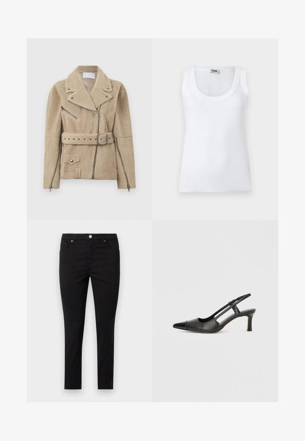Veste de motard en polaire sherpa beige avec larges revers, fermeture éclair asymétrique à l'avant, poches zippées latérales et poitrine, taille ceinturée et poignets zippés.; Débardeur blanc côtelé sans manches avec encolure dégagée et étiquette de marque au dos du col, présenté sur un fond blanc uni.; Pantalon noir ajusté avec bouton frontal, fermeture éclair et passants pour ceinture, présenté à plat sur un fond uni.; Chaussure à bride arrière en cuir noir avec bout pointu, dotée d'un accent brillant sur le bout et d'un talon de hauteur moyenne. Design latéral ouvert.