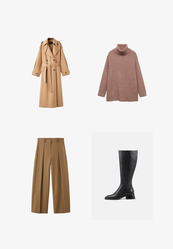 Camelkleurige wollen trenchcoat met een dubbelbreasted voorkant, brede revers, een ceintuur in de taille en lange mouwen met knoopdetails.; Overmaat trui met hoge hals van zacht, lichtbruin breiwerk. Beschikt over een geribbelde halslijn en manchetten, met een relaxte pasvorm en geen zichtbare patronen.; Brunette hoge taille wijde broek met subtiele krijtstrepen, plooien aan de voorkant, lussen voor een riem en een verborgen rits aan de voorkant.; Zwarte leren laars tot de knie met een ronde neus en een lage blokhak. Heeft een gladde textuur en minimale stikdetails.