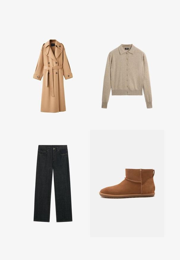 Camelkleurige wollen trenchcoat met een dubbelbreasted voorkant, brede revers, een ceintuur in de taille en lange mouwen met knoopdetails.; Beige cardigan met lange mouwen, knoopsluiting, kraag en geribde boorden en zoom, gemaakt van zachte gebreide stof.; Donkerblauwe straight-leg spijkerbroek met knoop- en ritssluiting aan de voorkant, voorzakken en riemlussen.; Bruine suède enkellaars met platte zool en trekstrook aan de achterkant, zijaanzicht op een effen lichte achtergrond.