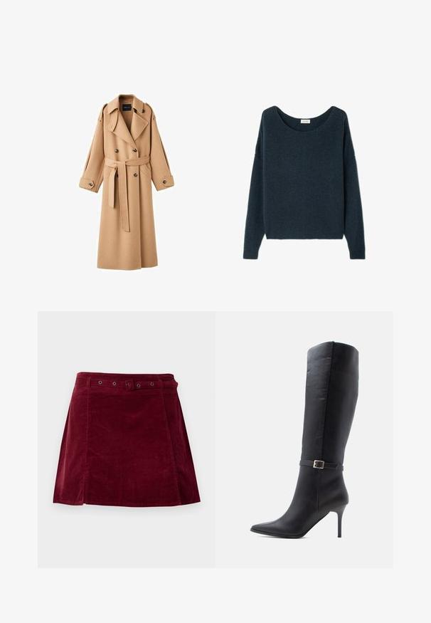Camelkleurige wollen trenchcoat met een dubbelbreasted voorkant, brede revers, een ceintuur in de taille en lange mouwen met knoopdetails.; Donkerblauwe, gebreide trui met een brede, ronde halslijn en verlaagde schouders. Zachte textuur en een ontspannen pasvorm, zonder zichtbare sluitingen.; Donkerrode corduroy rok met een bijpassende riem en metalen oogjes, met een lichte A-lijn vorm en detail op het voorpaneel.; Zwarte leren kniehoge laars met een spitse neus, stilettohak en een decoratieve band met een gouden gesp bij de enkel.