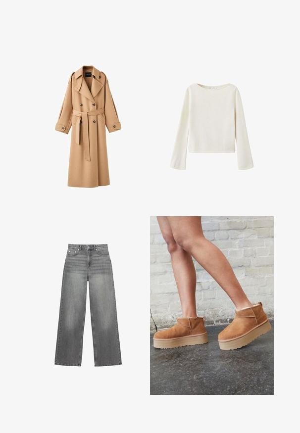 Kamelfarvet uldtrenchcoat med dobbeltbrystet front, brede klapper, bælte i taljen og lange ærmer med knapdetaljer.; Off-white langærmet sweater med bred rund halsudskæring og let udvidede ærmer, lavet af blødt strikket stof.; Grå brede jeans lavet af denim, med en mellemhøj talje, fem lommer og subtil falmning på benene.; Brune ruskinds ankelsko med en blød foring, tyk beige plattformsål og en bageste løkke. Tekstureret overflade med synlige sømdetaljer.